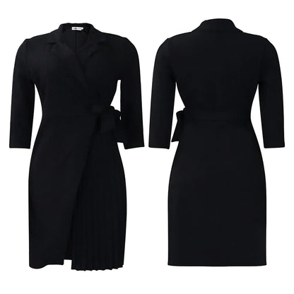 FairyShely 2025 Summer Solid Plus Size Folds Dress Women Long Sleeve Large Big Dresses Lady Belt Party Tight Curvy Short Dress