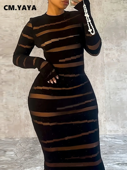 CM.YAYA Plus Size Women Clothing Dress Long Sleeve Striped Print O-neck High Waist  Spring Night Club Streetwear Mini Dresses