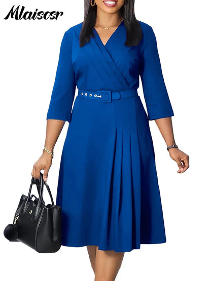 Mlaiscsr Evening Gowns Dresses with Belt Women Clothing V Neck 3/4 Sleeves A Line Pleataed Dress Occasion Elegant Office Outfits