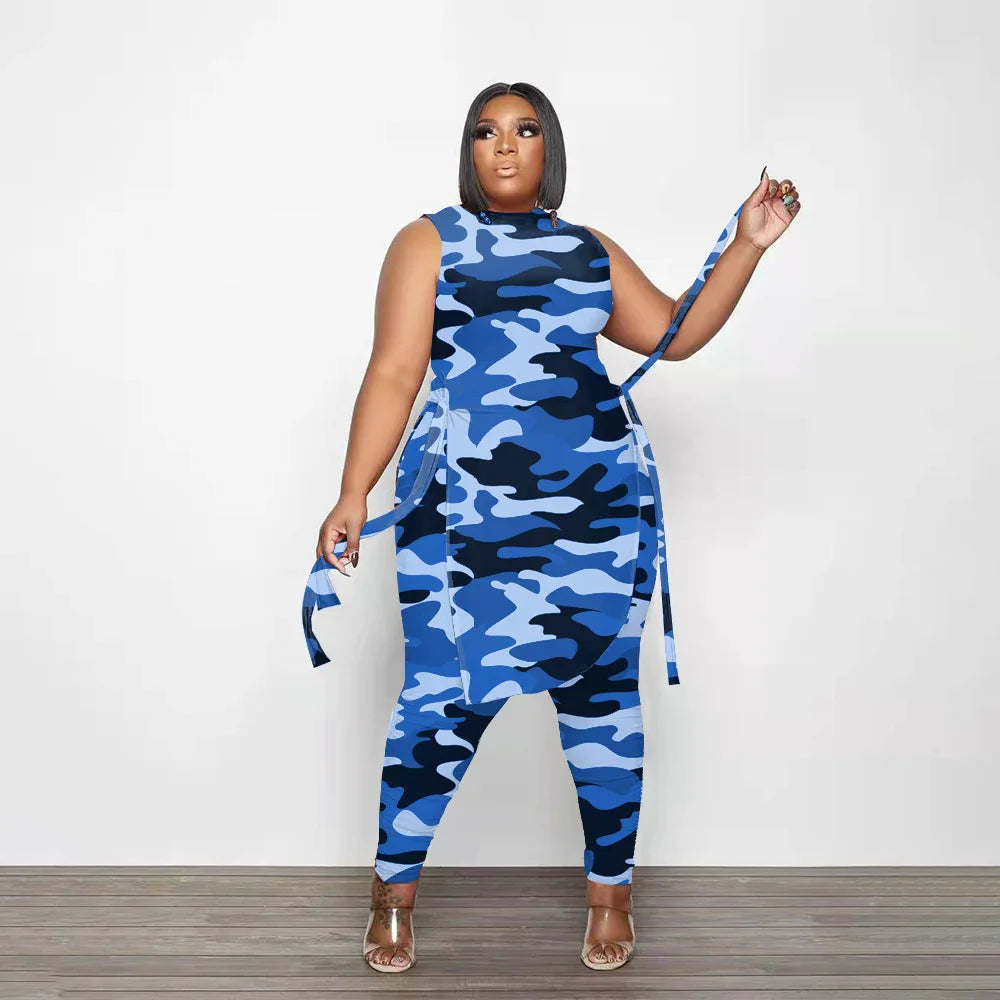 Camouflage Plus Size Women Clothing Two Piece Outfits Sleeveless Round Neck Bandage Crop Tops Pants Sets Wholesale Drop Shipping
