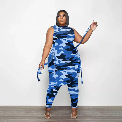 Camouflage Plus Size Women Clothing Two Piece Outfits Sleeveless Round Neck Bandage Crop Tops Pants Sets Wholesale Drop Shipping