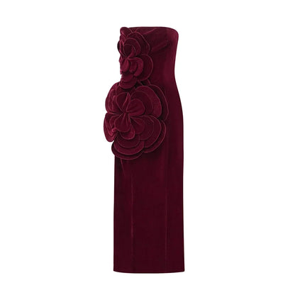 Solid Slimming Fashion Dresses for Women Strapless Sleeveless Patchwork 3D Flower Elegant Dress Female Clothing New