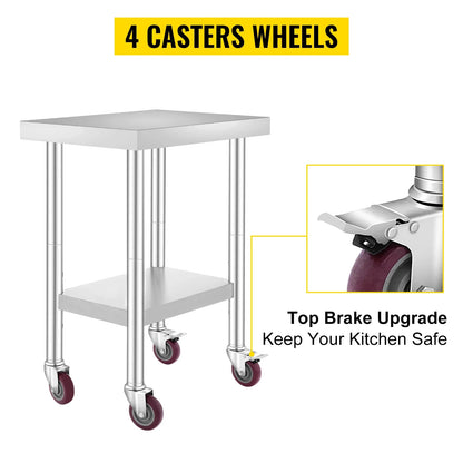 SucceBuy Stainless Steel Kitchen Worktable shelves Commercial Work Bench Table with Caster Wheels for Home Restaurant Storage