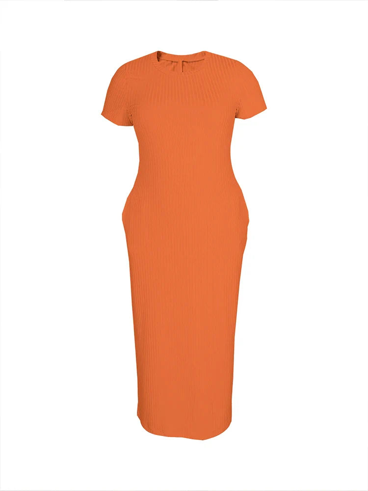 Plus Size 2024 Summer New Round Neck Short Sleeve Slim Hottie  Ladies' Stylish Summer Solid Versatile Bodycon Dress