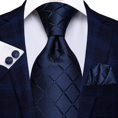 Hi-Tie Designer Silk Wedding Tie For Men Blue White Plaid Handky Cufflink Set Fashion Necktie For Men Business Party Wholesale