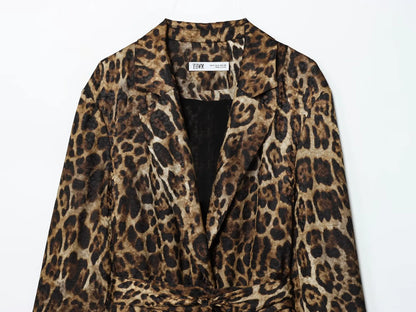 HH Women Autumn 2-Piece Set Chic Leopard Print Turn-Down Collar Pockets Belt Design Blazers+High Waist Zipper Wide-Leg Pants