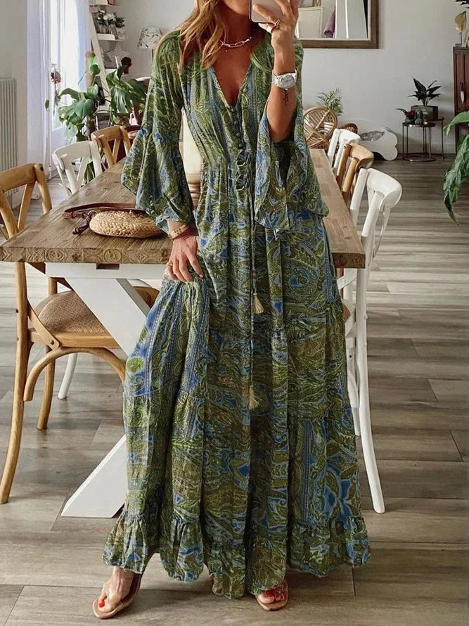 Spring Autumn Fashion Women's Dress Bohemian Style Retro Printed V-neck High Waist Bell Sleeve  Loose Casual Floral Long Dress