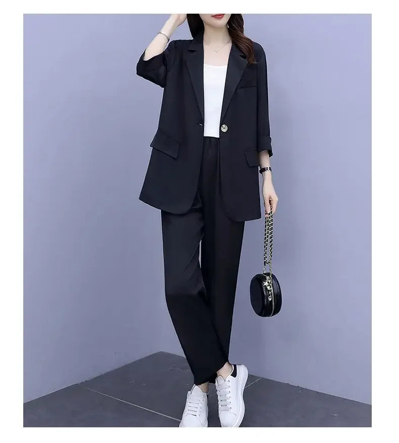 2026 Women Spring New Casual Blazers Jacket Trousers Matching Set Korean Elegant Loose Suit Coat Pants Two Piece Female Clothing