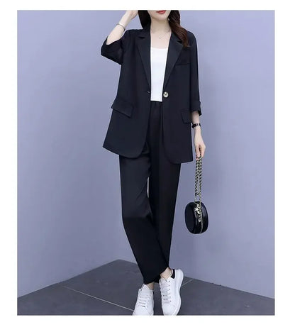 2026 Women Spring New Casual Blazers Jacket Trousers Matching Set Korean Elegant Loose Suit Coat Pants Two Piece Female Clothing