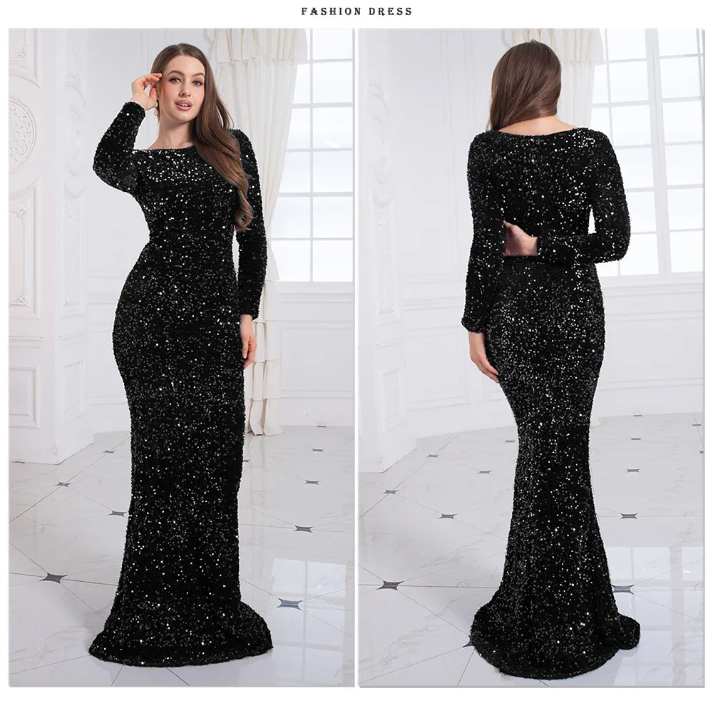 Romagic Elegant Women Modest Stretch Sequin Royal Blue Wedding Prom Gown Long Sleeves Mermaid Formal Evening Party Dress 2025