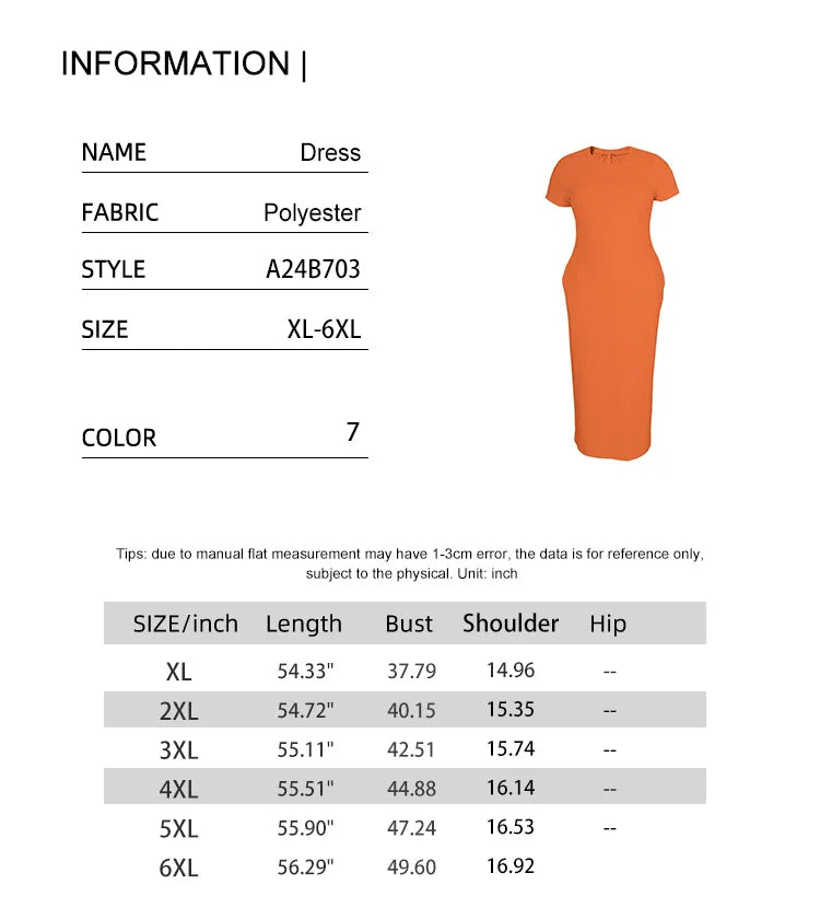Plus Size 2024 Summer New Round Neck Short Sleeve Slim Hottie  Ladies' Stylish Summer Solid Versatile Bodycon Dress
