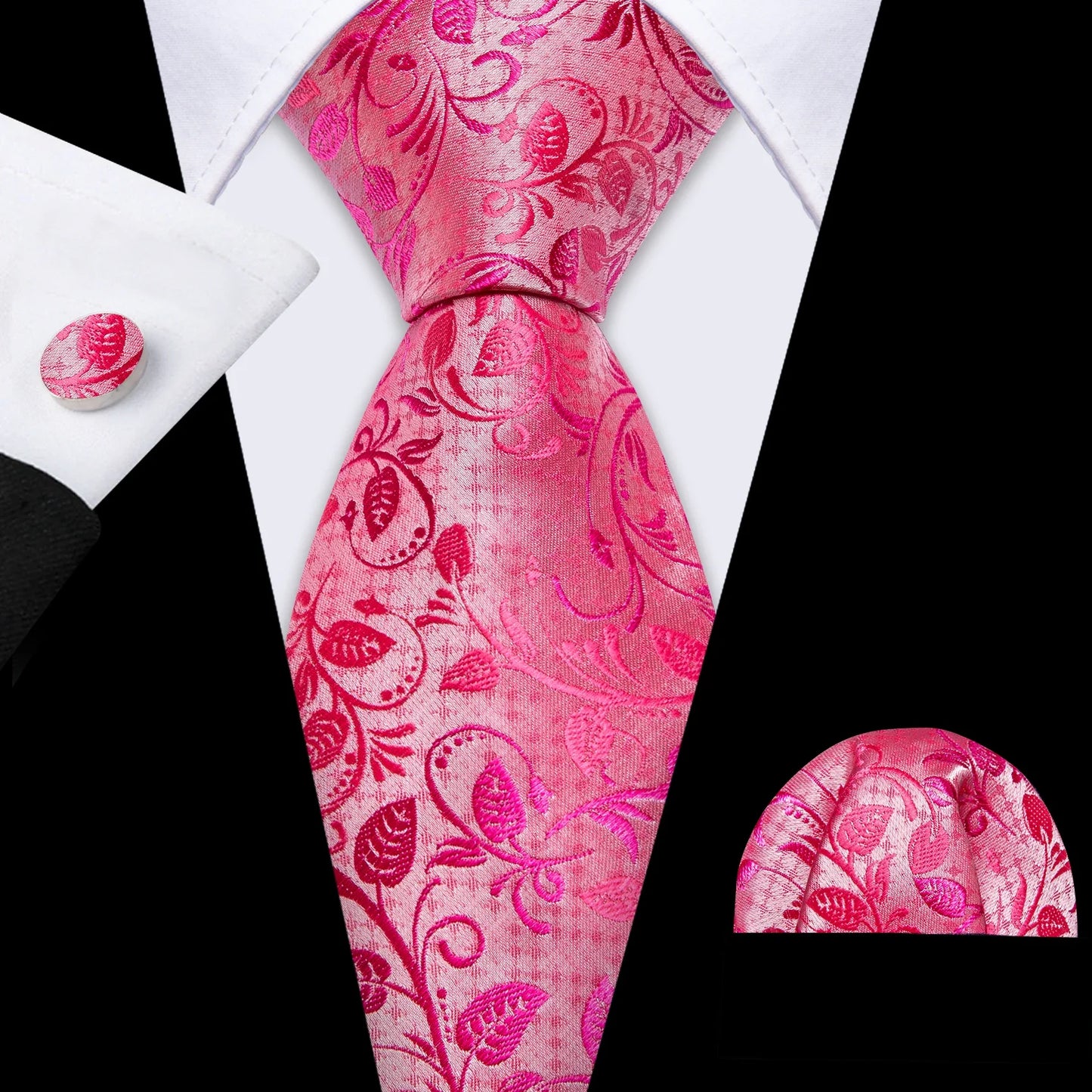 Barry.Wang Red Maroon Burgundy Rose Silk Men's Tie Pocket Square Cufflinks Set Jacquard Necktie for Male Wedding Business Party
