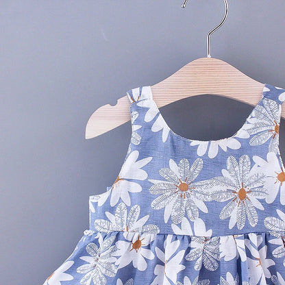 Summer New Girl Fashion Dress Small Chrysanthemum Hanging Strap Big Bow Princess Dress Party Dress 0-3 Years Old