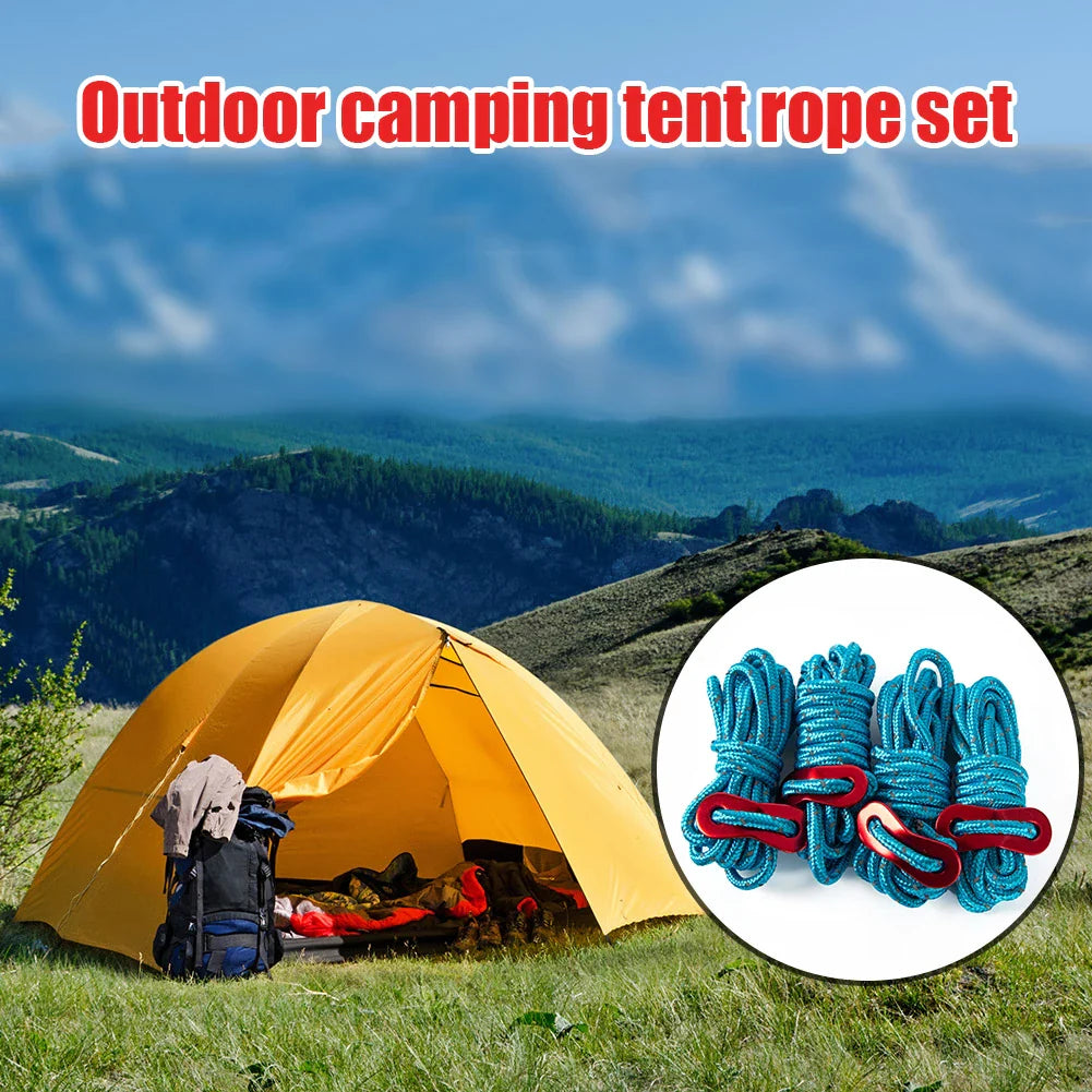 Reflective Tent Guy Ropes – 4pcs, 4mm × 2m, High-Strength with 2-Hole Tensioner Buckle
