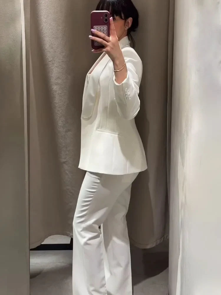 HH 2026 Women New Fashion Solid 2-Piece Set Single Button Long Sleeve Blazer Jacket+High Waist Zipper Pockets Solid Long Pants