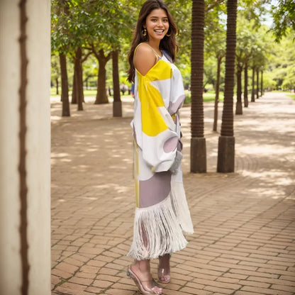 Spring Printing Dress Suits for Women Fashion Sexy One Shoulder Lantern Sleeve Top and Tassels Skirts Female Two Piece Sets