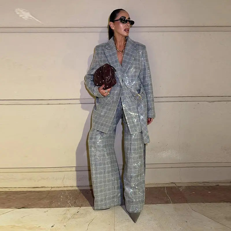Sequin Women Striped Blazer Long Sleeve Belt Single Breasted Coat Fashion Wide Leg Trouser Outfit Female Office Clothing 2026