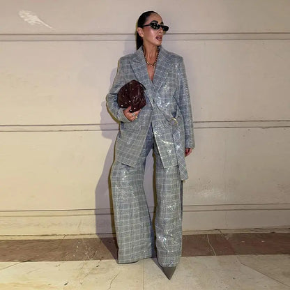 Sequin Women Striped Blazer Long Sleeve Belt Single Breasted Coat Fashion Wide Leg Trouser Outfit Female Office Clothing 2026