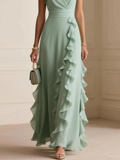 2026 Summer Fashion Ruffles Gowns Party Dress Women Sexy V-neck Solid Color A-Line Dress Elegant Hight Waist Slim Fit Long Dress