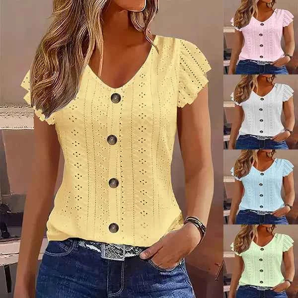 Women's Ruffle Sleeve V-Neck T-Shirt – Casual Commute Blouse
