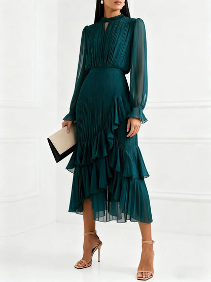 Elegant Ruffle Long Sleeve Dress for Women Chic Spring Summer Layered A Line Dress Lady Pleated Verstidos Prom Party Gowns