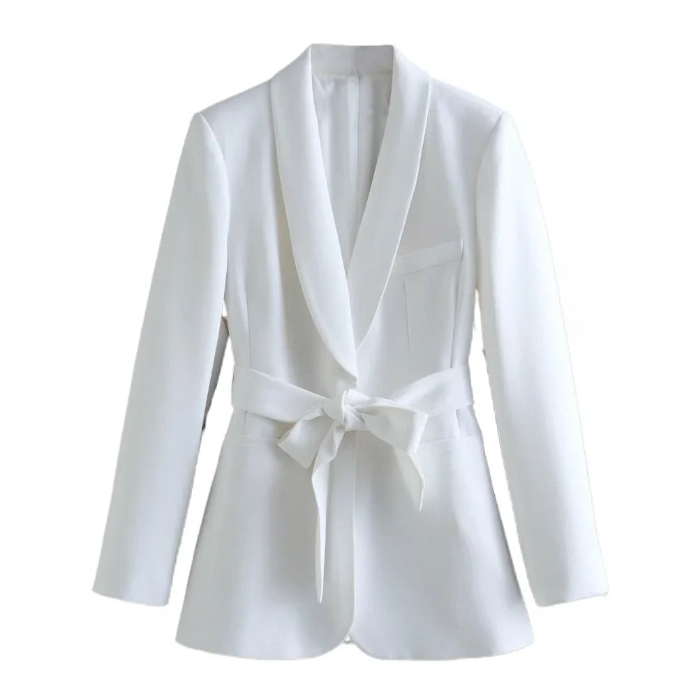 Spring and Autumn Women's Casual Blazer Chic Outerwear Slim Straight Pants Long Sleeve V-Neck Belted Office Commuter Suit Set