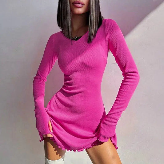Spring Elegant Pretty Women Dresses New Black Sexy Short Dress Female V Neck Long Sleeve Slim Solid Color Mini Dress
