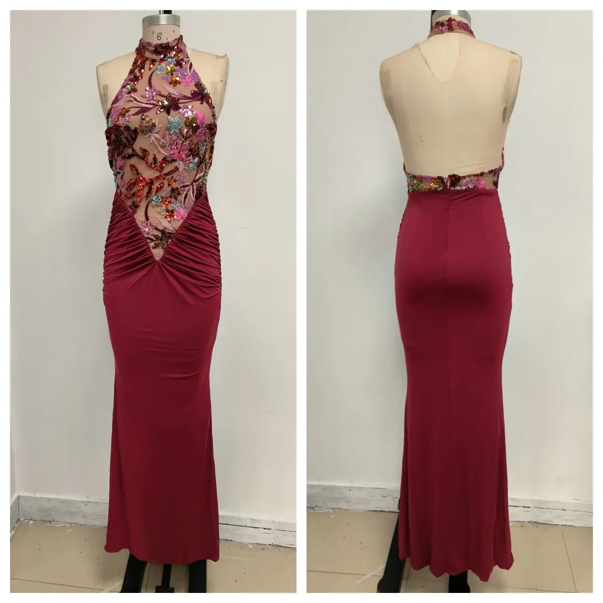 Sexy Red Floral High-Neck Bodycon Dress with Pleated Detailing – Halter Sleeveless Evening Gown | Stylish Party Wear