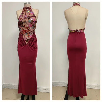 Sexy Red Floral High-Neck Bodycon Dress with Pleated Detailing – Halter Sleeveless Evening Gown | Stylish Party Wear