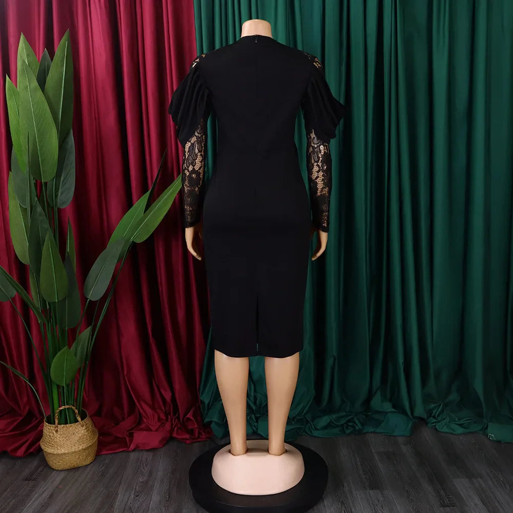 Sexy Bodycon Dresses for Women O Neck Lace Sleeve Sheath Package Hips Mid Calf Female Luxury Birthday Party Dinner Vestidos