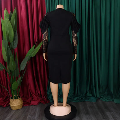 Sexy Bodycon Dresses for Women O Neck Lace Sleeve Sheath Package Hips Mid Calf Female Luxury Birthday Party Dinner Vestidos