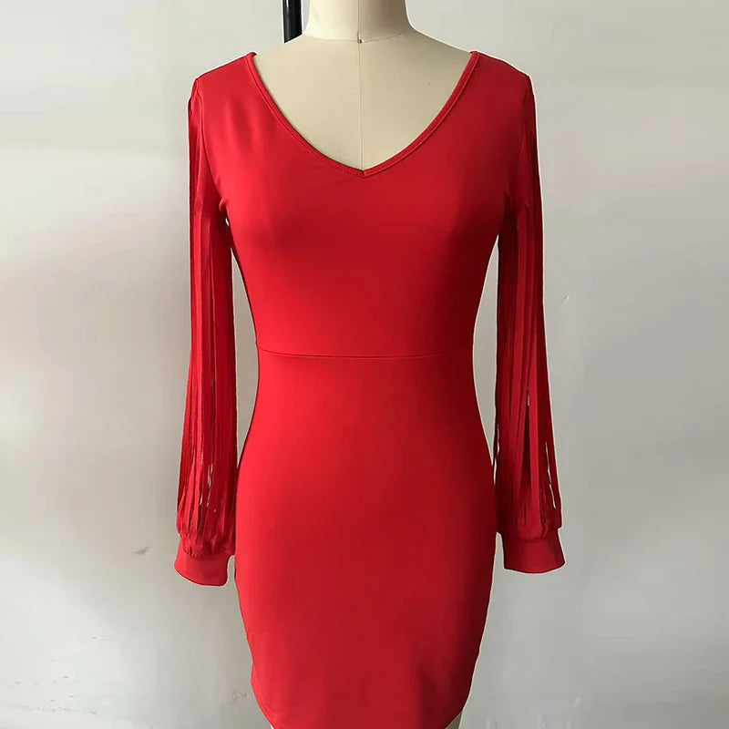 New Sexy Bodycon Dress Women Elegant V Neck Long Sleeve Party Evening Dresses For Women Autumn New Year Mini Dress Red
