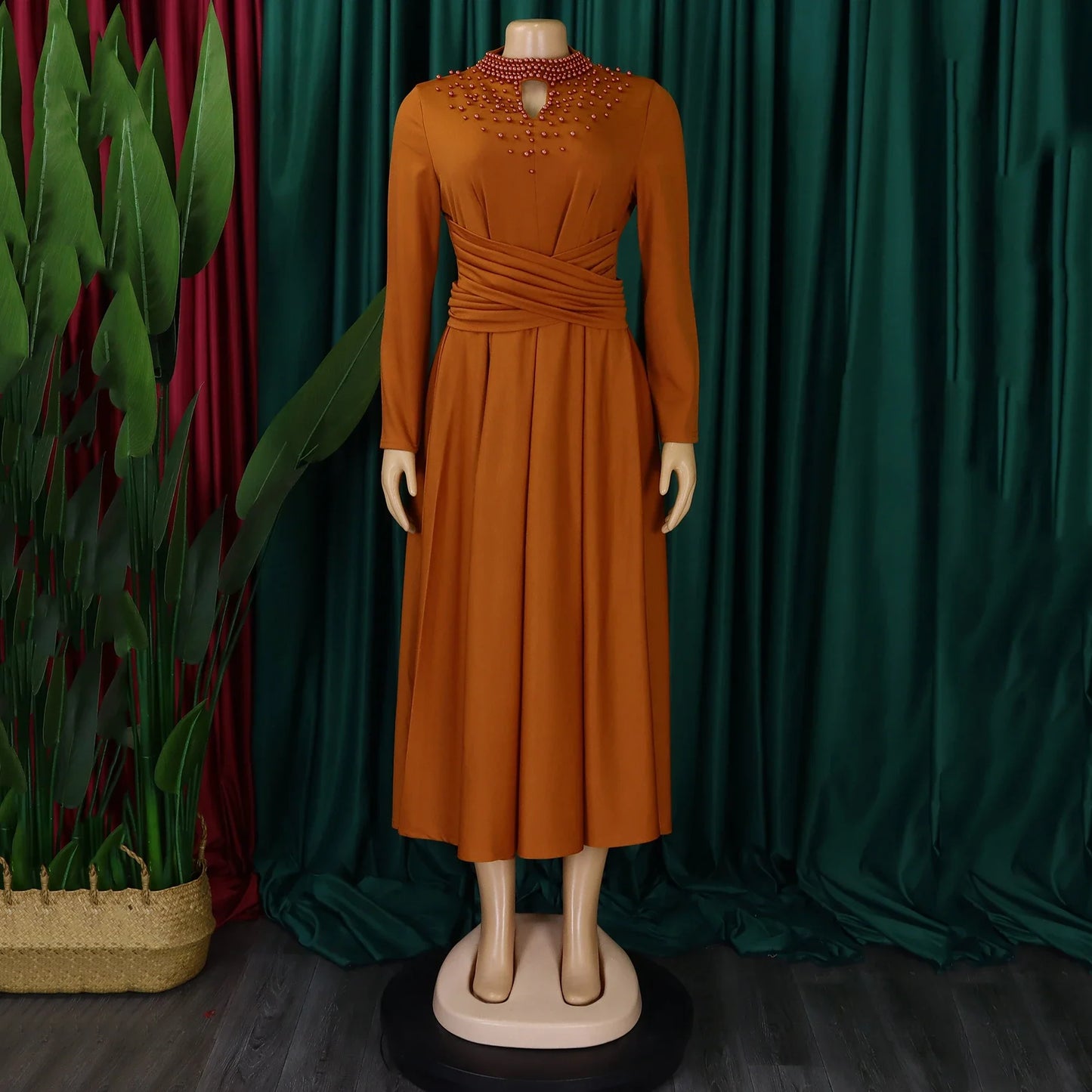 Dress Women Elegant Luxury Party Beaded Sashes Pleated Mid Calf A Line Female Birthday Dinner Celebrate Vestidos Mujer Dress New