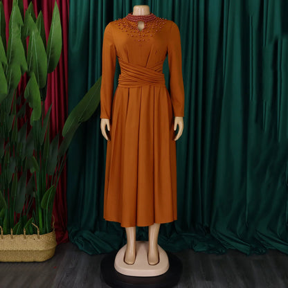 Dress Women Elegant Luxury Party Beaded Sashes Pleated Mid Calf A Line Female Birthday Dinner Celebrate Vestidos Mujer Dress New