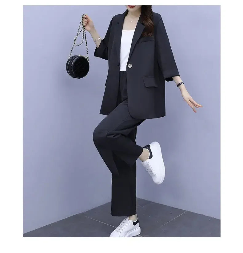 2026 Women Spring New Casual Blazers Jacket Trousers Matching Set Korean Elegant Loose Suit Coat Pants Two Piece Female Clothing