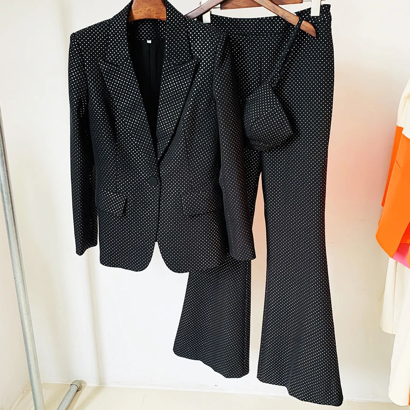 HIGH QUALITY New Fashion 2026 Designer Blazer Suit Set Women's Single Button Diamonds Beaded Camis Blazer Pants Suit 3pcs Set