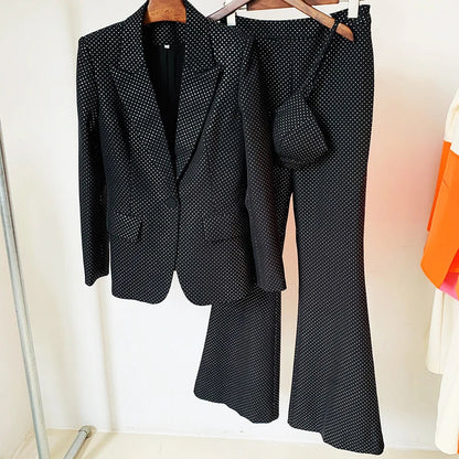 HIGH QUALITY New Fashion 2026 Designer Blazer Suit Set Women's Single Button Diamonds Beaded Camis Blazer Pants Suit 3pcs Set
