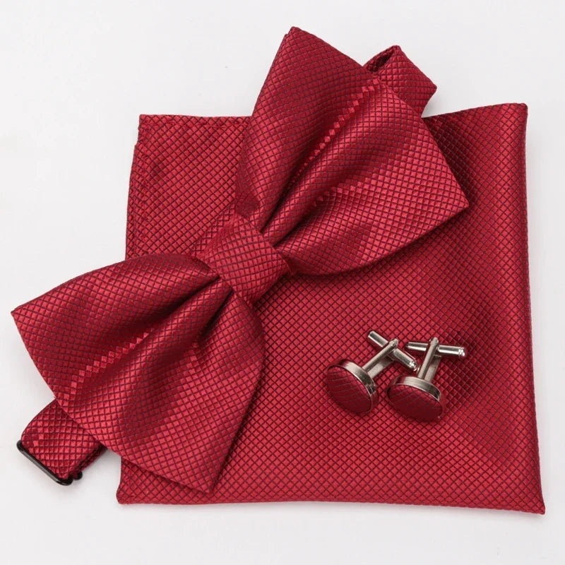 Multicolor Bowtie Pocket Square Cufflinks Sets Classic Solid Color  Bowtie Wedding Party Formal Gift Plaids Adjust Neck Bow Tie