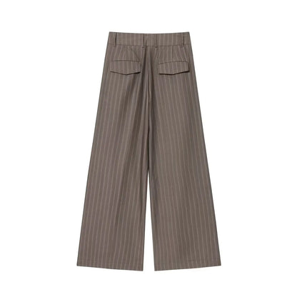 Office Lady Chic Brown Suits V Neck Striped Loose Blazer High Waist Wide Leg Pants Fashion Casual Women Suits Костюм Офисный