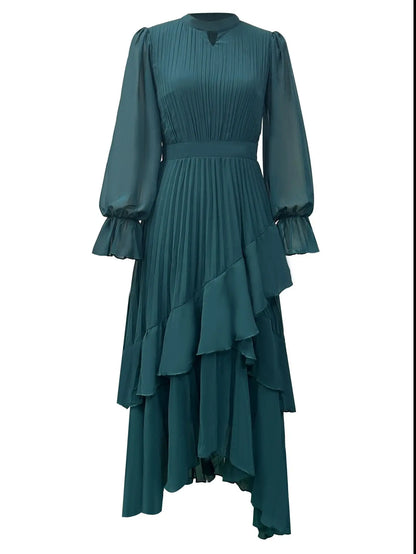 Elegant Ruffle Long Sleeve Dress for Women Chic Spring Summer Layered A Line Dress Lady Pleated Verstidos Prom Party Gowns