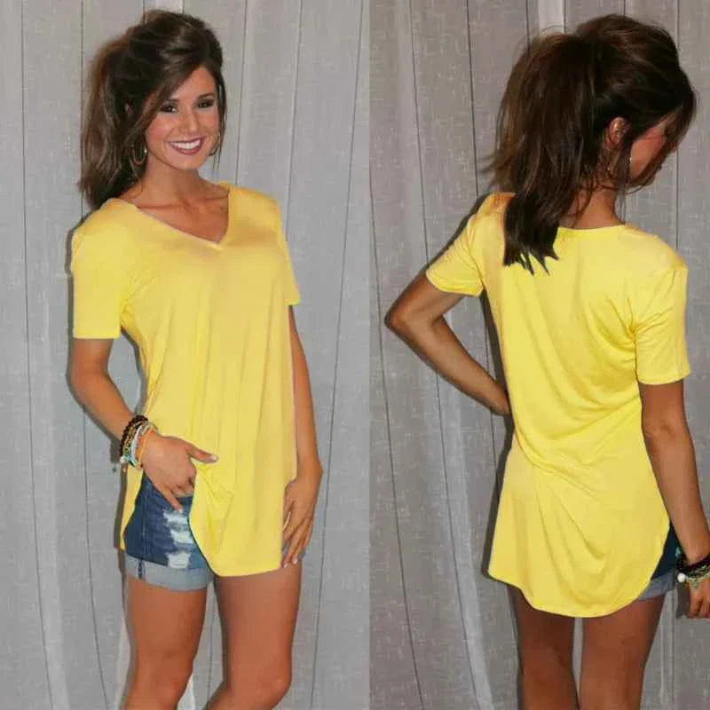 Summer solid color blouse V-neck short sleeve loose T-shirt hem arc women clothes
