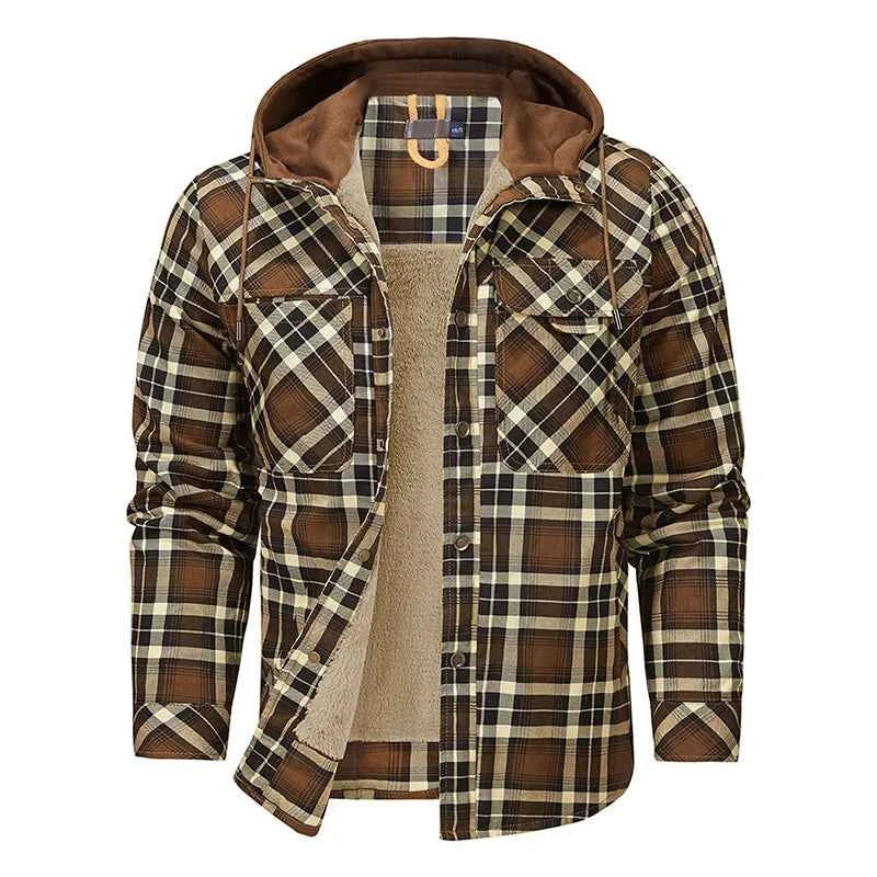 Winter Men Plaid Fleece Shirts Coats Mens Hooded Casual Shirts Man Sport Outdoor Loose Shirt Jacket Men Button Down Hoodie Shirt