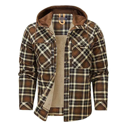 Winter Men Plaid Fleece Shirts Coats Mens Hooded Casual Shirts Man Sport Outdoor Loose Shirt Jacket Men Button Down Hoodie Shirt