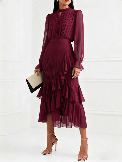 Elegant Ruffle Long Sleeve Dress for Women Chic Spring Summer Layered A Line Dress Lady Pleated Verstidos Prom Party Gowns