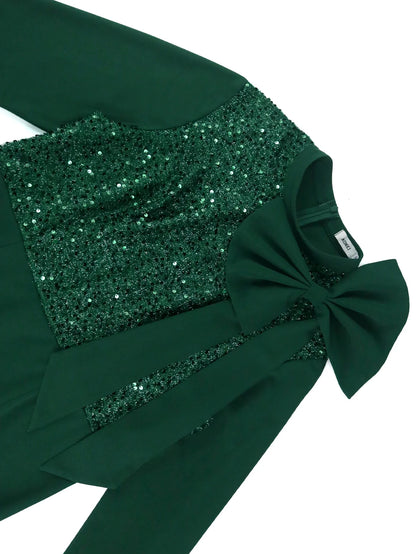 Elegant Green Shiny Sequined Dresses with Bow Long Flare Sleeves Mermaid Christmas African Brithday Party Occasion Event Robes