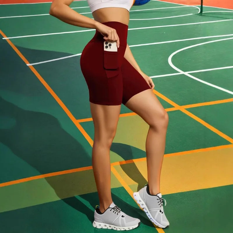 Women Pocket Sports Shorts Big Size Yoga Leggings Outdoor Wearing High Elastic Skinny Shorts Running Cycling Three Point Shorts
