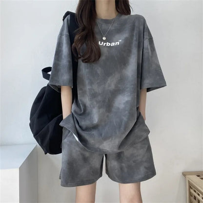 Women T-Shirt Shorts Suit Set Casual Tie Dye Loose t-shirt and wide leg middle shorts with pockets female Soft Summer Shorts Sets
