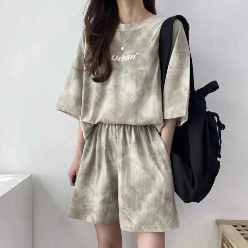 Women T-Shirt Shorts Suit Set Casual Tie Dye Loose t-shirt and wide leg middle shorts with pockets female Soft Summer Shorts Sets