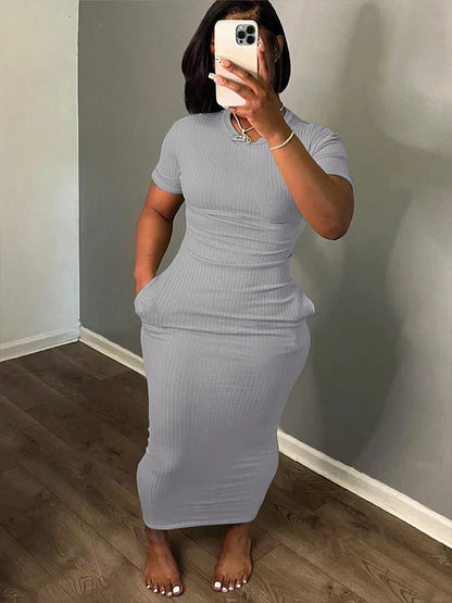 Plus Size 2024 Summer New Round Neck Short Sleeve Slim Hottie  Ladies' Stylish Summer Solid Versatile Bodycon Dress