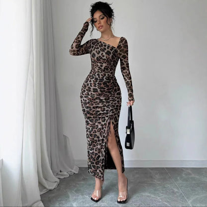 Sexy Leopard Print Women's Dresses Fashion Ruffled Sexy Slit Party Dress For Women Spring Summer  Bodycon Package hip Vestidos